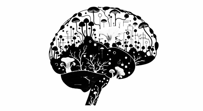 Surreal brain illustration with mushrooms growing inside, symbolizing growth and imagination