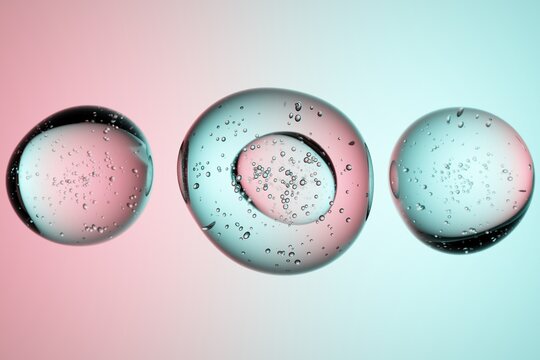 Transparent spheres with bubbles, clean gradient background