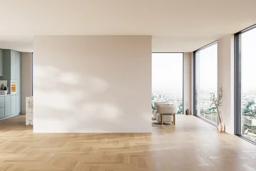 Fotobehang Scandinavisch Modern interior design of apartment, kitchen, island, empty living room with beige wall, panorama.  © leymandesign