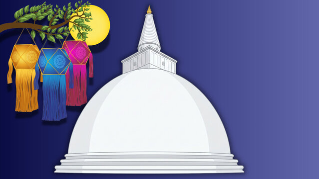 White Buddhist stupa with colorful Vesak lanterns and full moon on dark blue night background