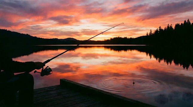 Fishing wallpaper at sunset with rod and lake reflection at dusk