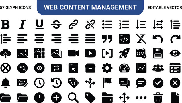 &ldquo;Editable vector set of 57 web content management glyph icons for digital publishing, interface design, and online editing tools&rdquo;