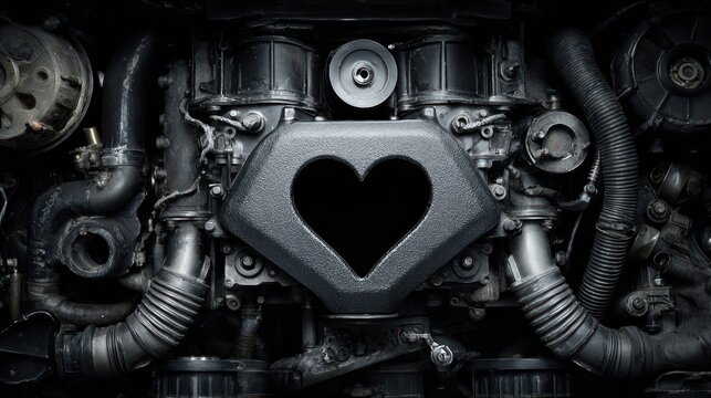 Industrial machine engine with heart shaped element in metallic tones