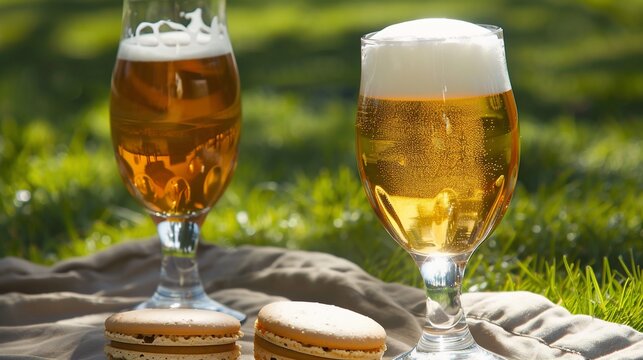Two stemmed glasses filled with golden ale and foamy heads sit beside cookies on grass