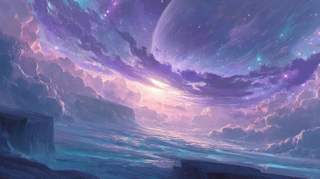 Abstract celestial landscape with vibrant colors and cosmic elements illustration