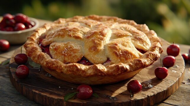 Delicious cherry pie on wooden board with fresh fruit close up