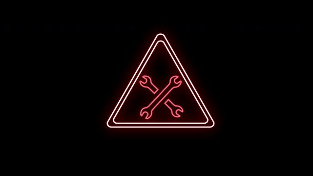 A bright red neon animated warning sign with an under construction sign. Glowing brightly against a black background, this sign signals caution and danger. 4k quality