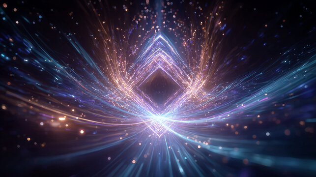 Cosmic Diamond: An abstract vision of a dazzling diamond shape, radiating beams of light through the cosmos, creating an mesmerizing visual display.