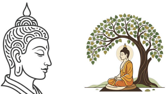 Lord Buddha meditating under Bodhi tree and Buddha face line art illustration for spiritual design