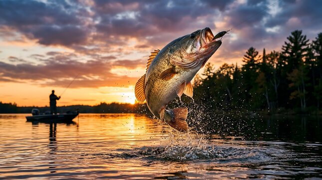 Largemouth bass leaping from a lake at sunset fishing wallpaper