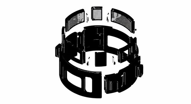 Abstract geometric structure with black interlocking components against a white background.