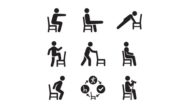 Chair exercise icons for seniors and fitness with push up step up exercise