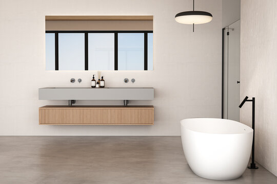 Modern bathroom interior with wooden vanity and freestanding bathtub 3d render