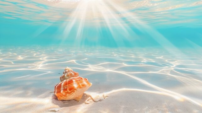 Underwater view of a shell on white sand, with sun rays filtering through turquoise water