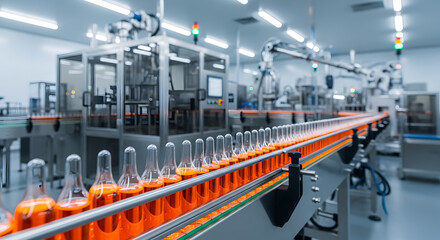 Fototapeta premium Pharmaceutical manufacturing line with orange vials on conveyor belt. Generative AI
