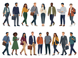 Obraz premium Diverse Group of Professionals and People Set: Flat Vector Illustrations of Men and Women in Casual and Business Attire