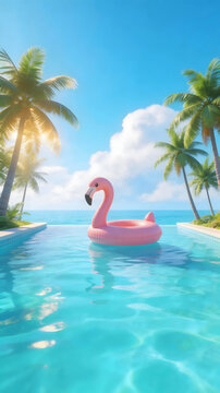 Pink flamingo inflatable float ring floating in a clear swimming pool surrounded by palm trees and blue sky