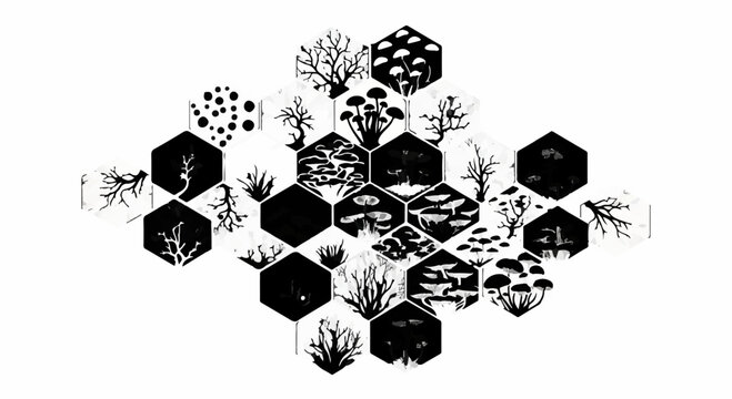 Intricate hexagonal pattern of forest flora and fungi, evoking a natural ecosystem.