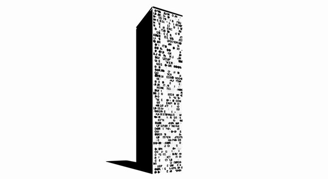 Abstract digital pattern on a tall rectangular building facade casting a long shadow.