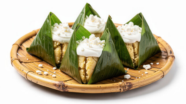 Corundas Tamales on Bamboo Plate 35 Degree Angle Isolated on White Background Studio Shot