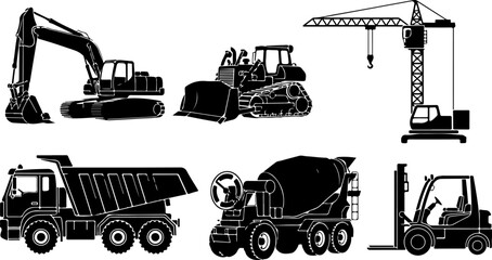 Black Silhouette Heavy Construction Machinery Set Including Excavator Bulldozer Tower Crane Dump Truck Cement Mixer and Forklift © MinhajulIslam