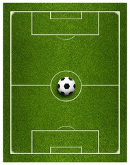 Fototapeta premium Overhead view of a vibrant green soccer field with a classic black and white ball at midfield, symbolizing the upcoming World Cup 2026.
