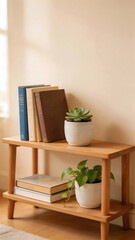 Fototapeta premium Wooden two-tier shelf holding books and green plants in a cozy indoor setting