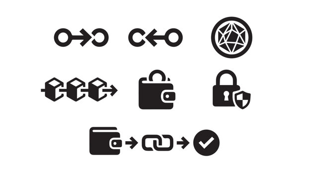 Black and white icons for blockchain cryptocurrency digital security
