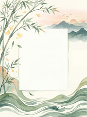 Obraz premium Abstract vector illustration of a green bamboo background featuring a floral leaf pattern with a vintage nature border and decorative plant elements for a summer paper card design