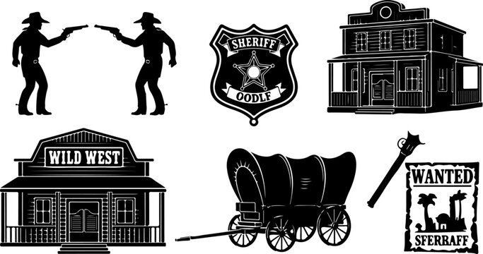 Black Silhouette Wild West Collection Including Cowboy Duel Sheriff Badge Saloon Covered Wagon and Wanted Poster