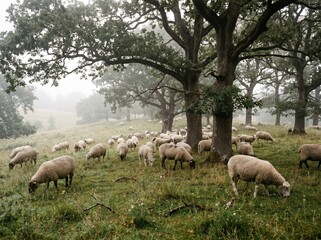 Obraz premium Wide landscape of silvopasture system with sheep grazing beneath mature oak trees in morning mist, sustainable livestock management