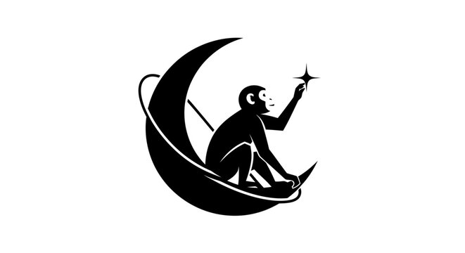 Minimalist monkey silhouette sitting on crescent moon with star