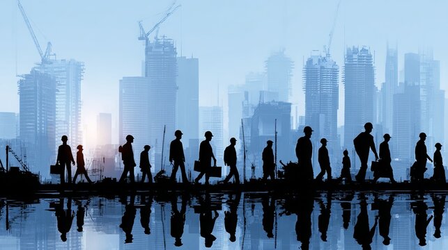 Group of professionals celebrating Labour Day with modern city skyline background, teamwork and unity concept in urban workplace environment
