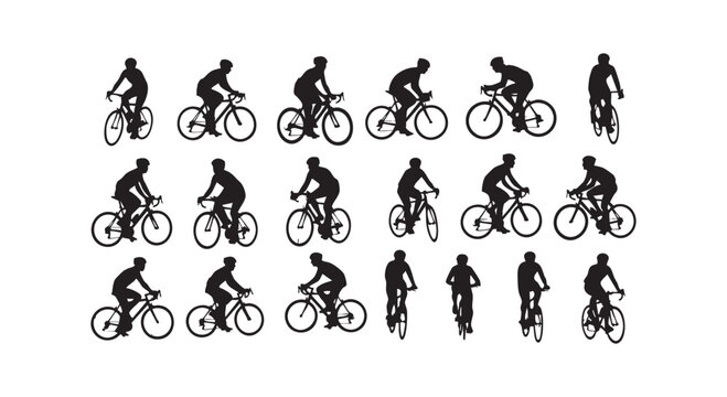 Set of professional cyclists riding bicycles in various poses and angles for sports activity concept isolated white.