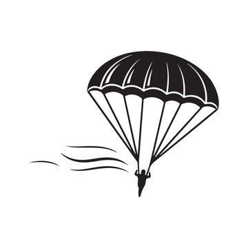 Minimalist black and white vector illustration of a parachutist descending with wind lines isolated on white background