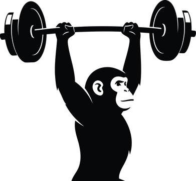 A black and white illustration of a monkey lifting a barbell overhead with determination