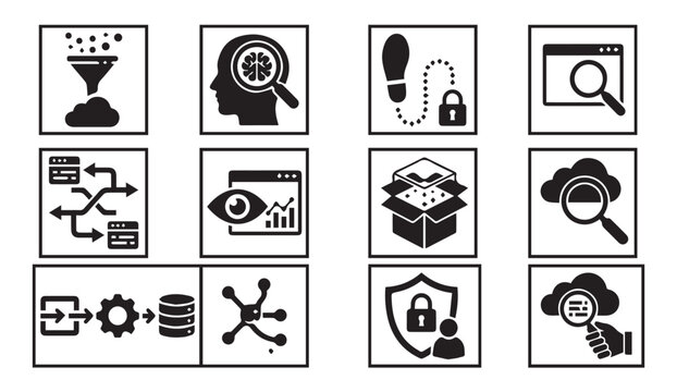 Comprehensive set of black and white icons for data analytics security digital