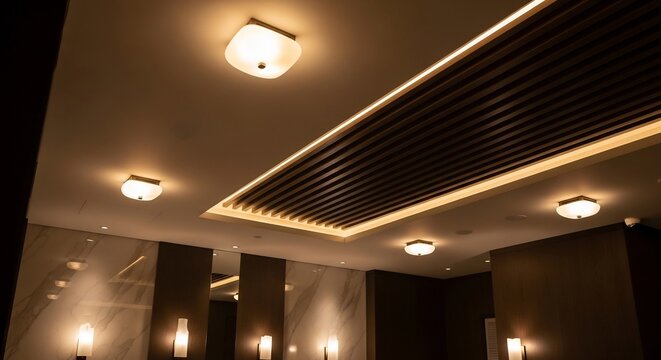 Modern Interior Ceiling Design with Recessed Lighting and Wood Accents.