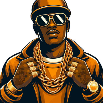 Cool Hip Hop Rapper with Gold Chains and Sunglasses Vector Illustration