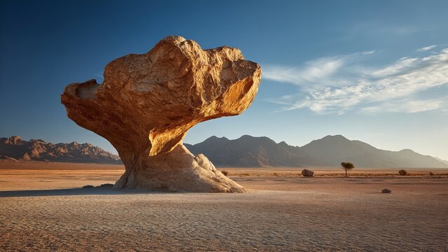 An extraordinary mushroom-shaped rock formation stands majestically in a vast desert under blue sky.