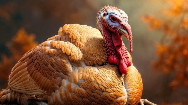 Golden turkey with red wattle stands alert