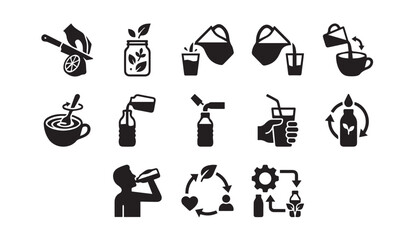 Obraz premium Healthy beverage and herbal tea preparation process icon set with beverage