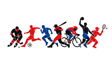 Fototapeta premium Dynamic vector illustration of diverse athlete silhouettes in action, many popular sports, highlighted in bold red, black, and blue
