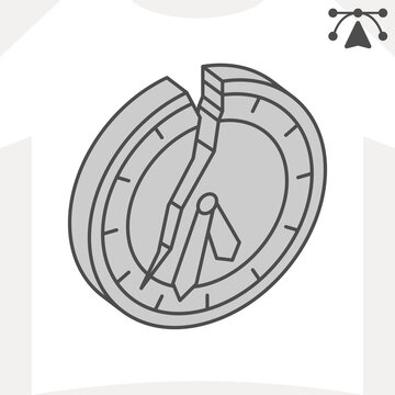 Broken clock isometric icon, time stopped concept. Vector graphics. Stopped time, motionless sign and editable stroke, outline style icon for mobile or web design.