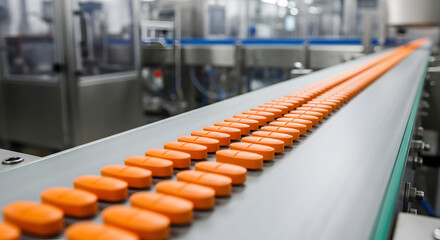 Fototapeta premium Freshly baked donuts on automated conveyor belt in modern food production factory. Generative AI