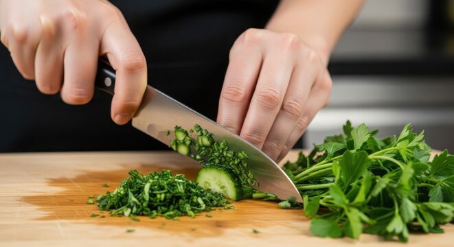 Macro shot of hands using a sharp stainless steel chef knife to finely chop fresh green herbs like parsley and a slice of cucumber on a wooden cutting board in a kitchen setting.