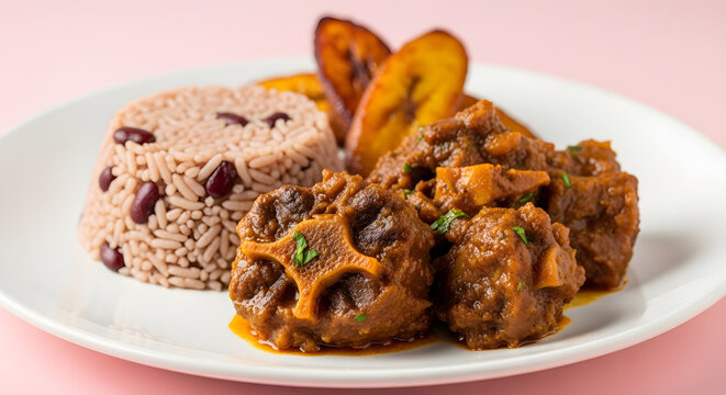 Delicious oxtail stew with rice and beans in savory warm lighting on white plate for food blog