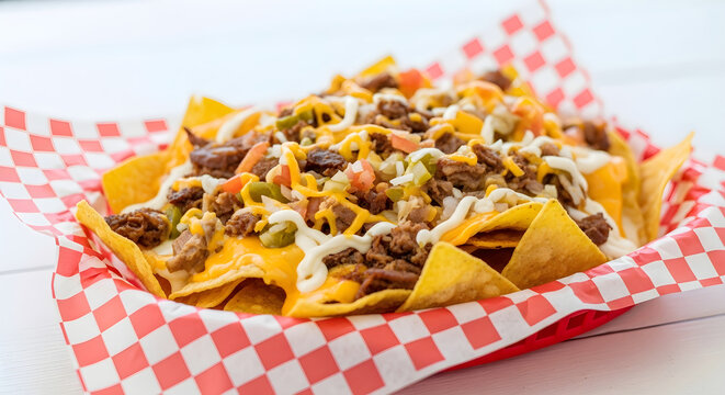 Delicious loaded nachos in red and white checkered paper basket with melted cheese and sour cream in bright natural lighting for menu or advertisement