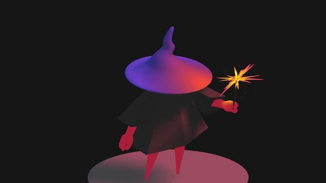 Close up of a stylized wizard character holding a bright yellow glowing sparkler wand against a dark background with vibrant purple and red accents