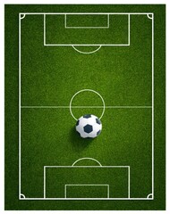 Fototapeta premium Overhead view of a vibrant green soccer field with a classic black and white ball at midfield, symbolizing the upcoming World Cup 2026.